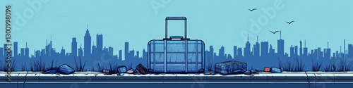 Urban Skyline with Abandoned Luggage Vector Illustration on Platform: Cityscape Skyline, Suitcases, Birds, Weeds, Blue Sky, Detailed Digital Artwork