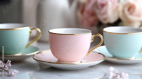 Wallpaper Mural Elegant Pastel Pink and Mint Green Teacups Gold Trim Luxury Porcelain Tea Set Romantic Afternoon Tea Party Festive Tableware Beautiful Coffee Cups     Torontodigital.ca