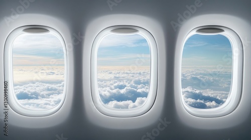 3 airplane windows with a view of clouds, the view from inside the plane, blue sky, white background,