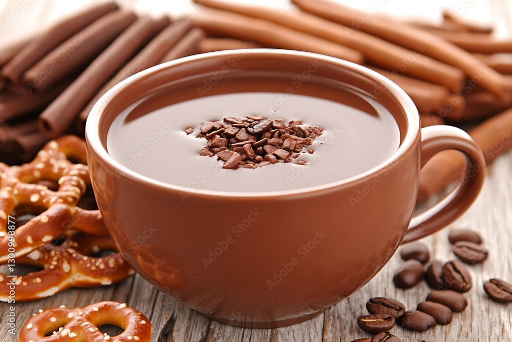 Fototapeta premium A Warm Cup Of Hot Chocolate With Treats And Coffee Beans