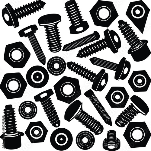 Various bolts and nuts silhouettes in vector design for construction, hardware, and tools illustrations