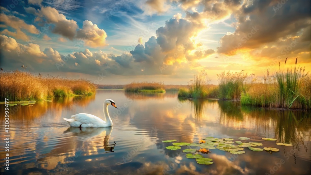Fototapeta premium Dreamy impressionist image of a swan floating on a serene lake, surrounded by water lilies and tall reeds, under a soft and cloudy sky with warm golden light , wildlife, swan on lake