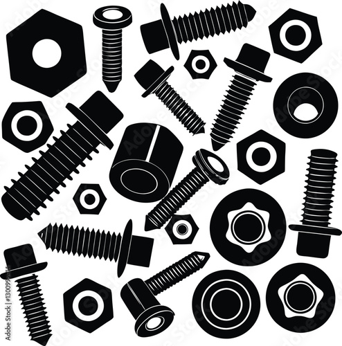 Various bolts and nuts silhouettes in vector design for construction, hardware, and tools illustrations