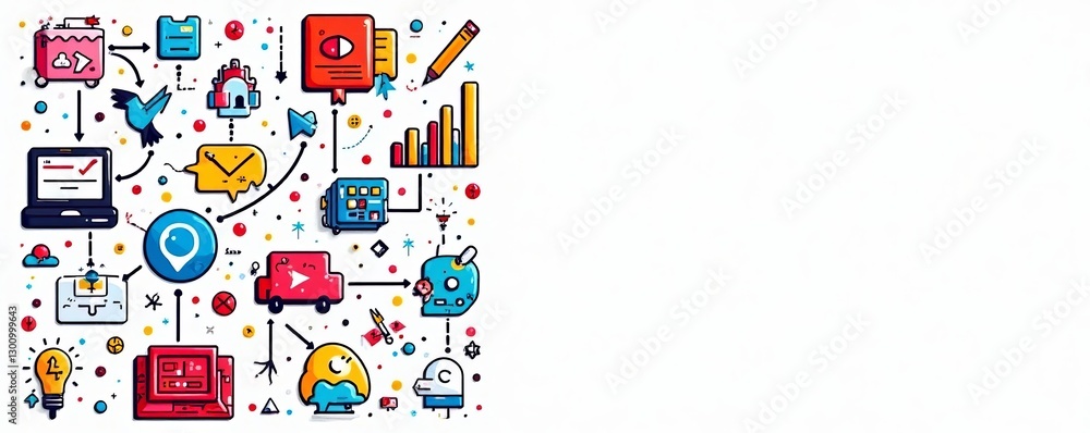 Colorful internet icons doodle on white background, social media, network Colorful internet icons doodle on white background, social media, network