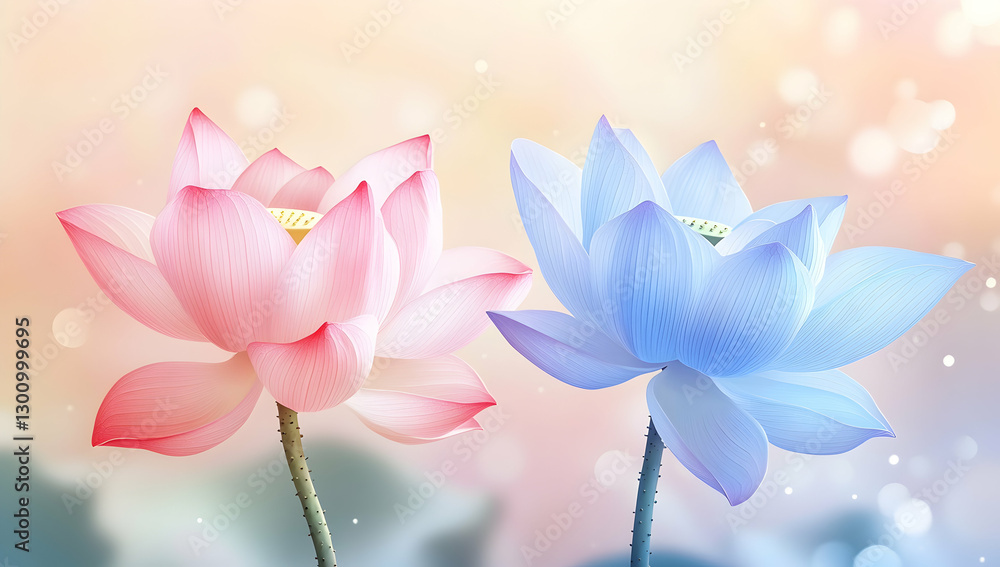 Fototapeta premium colorful background with waves and two flowers in pink and blue