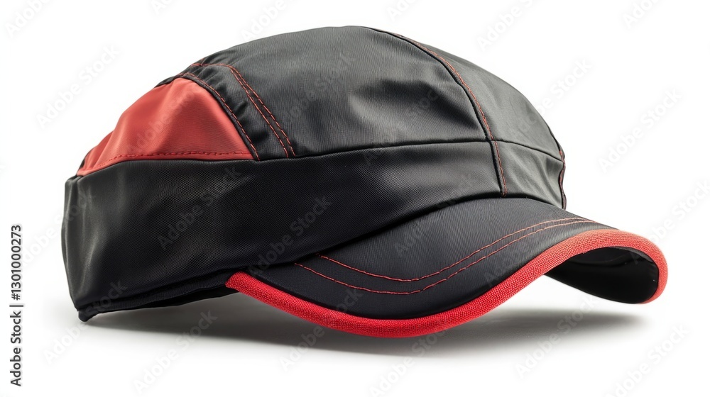 A cycling cap in black with red accents, isolated white background 