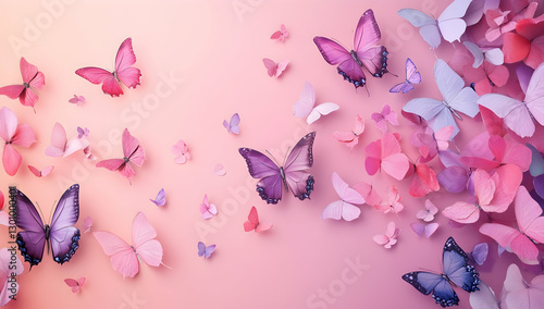 3D butterflies flying on a pink and purple background