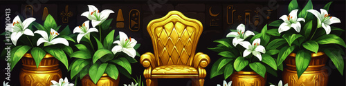 Luxurious Golden Throne Amongst White Lilies in Ornate Pots with Hieroglyphic Wall Art - Elegant Vector Illustration of Royalty and Nature