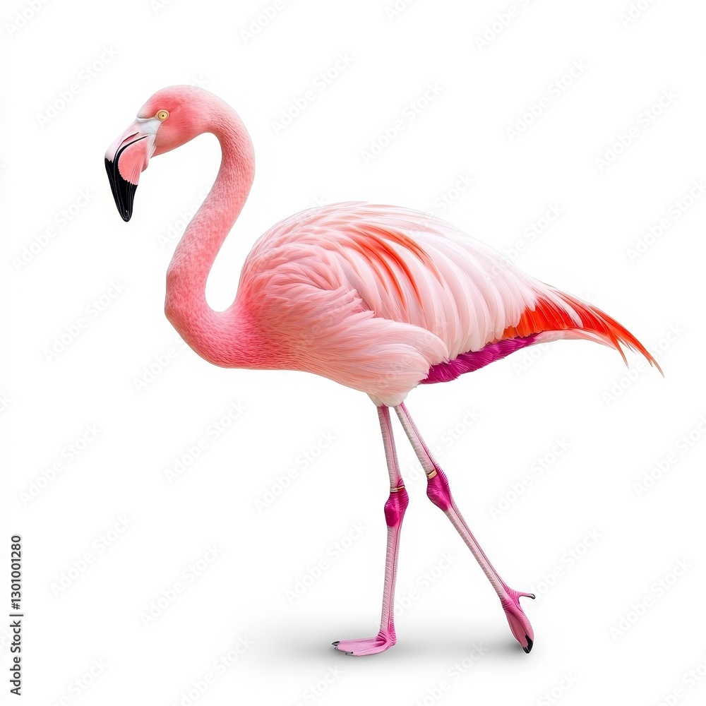 Obraz premium Pink Flamingo Walking on White Background