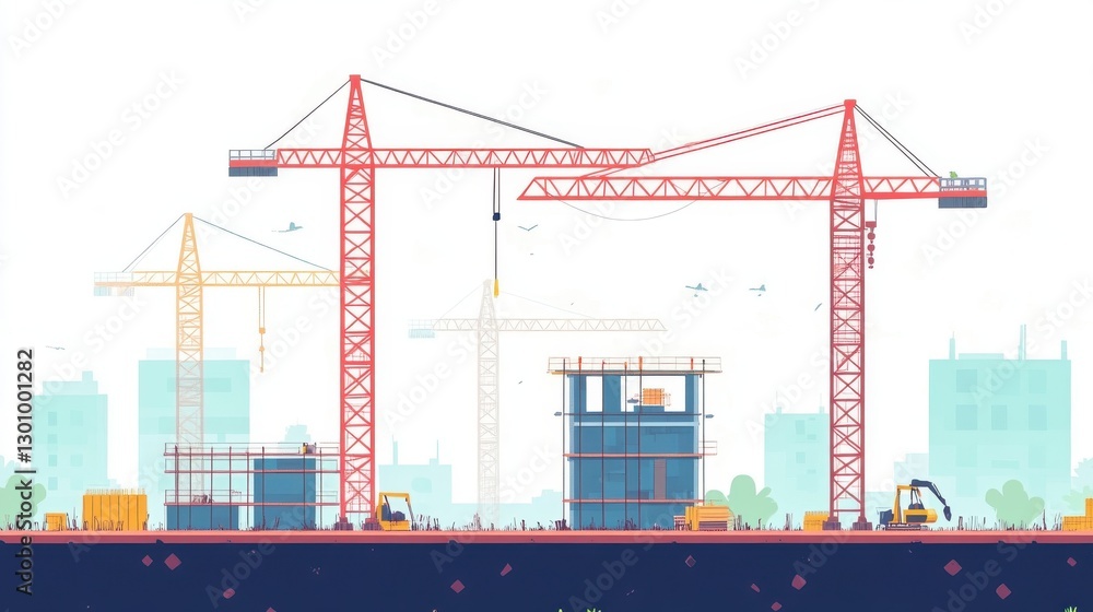 An illustration of a building site with several construction cranes An illustration of a building site with several construction cranes