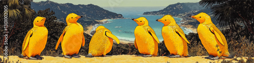 "Vibrant Yellow Penguins at Scenic Beach with Lush Greenery in Artistic Vector Image - Ideal for Nature, Wildlife and Coastal Landscape Decor"