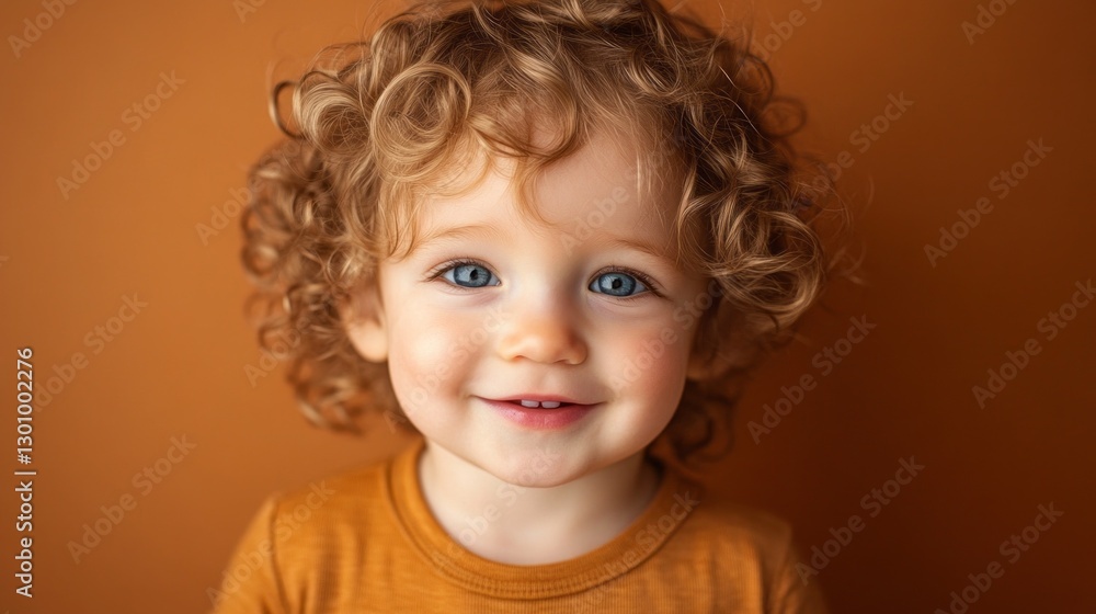 Naklejka premium A joyful toddler with curly blonde hair beams with happiness, showcasing bright blue eyes and an adorable smile. The vivid orange backdrop enhances the cheerful mood of the moment