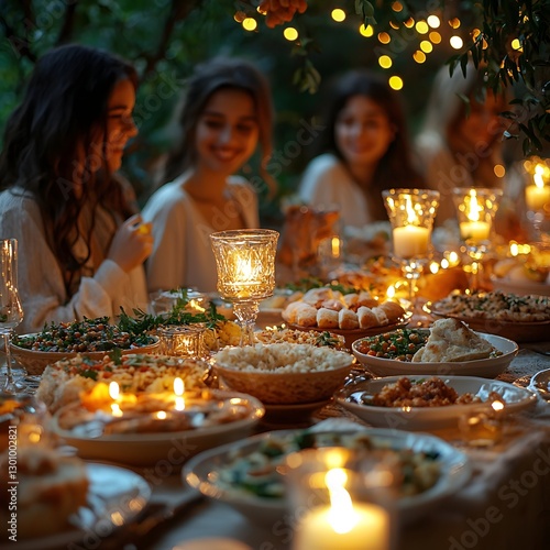 Serene Ramadan Family Feast with Glowing Candles and Homemade Dishes on Rustic Wooden Table photo