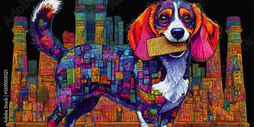 Vibrant Abstract Vector Art of Dog with Card Against Colorful Ancient Egyptian Hieroglyphic Cityscape Background