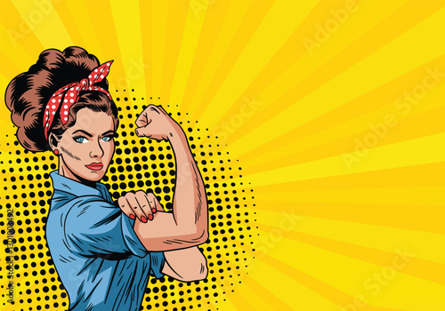 Colorful pop art comic poster "Strong woman" with lady showing bicep on her arm with words "We can do it", vector illustration