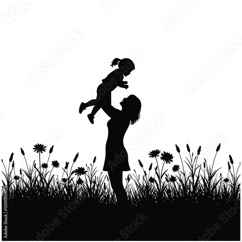 Silhouette of mother and daughter playing time of spring season with white background