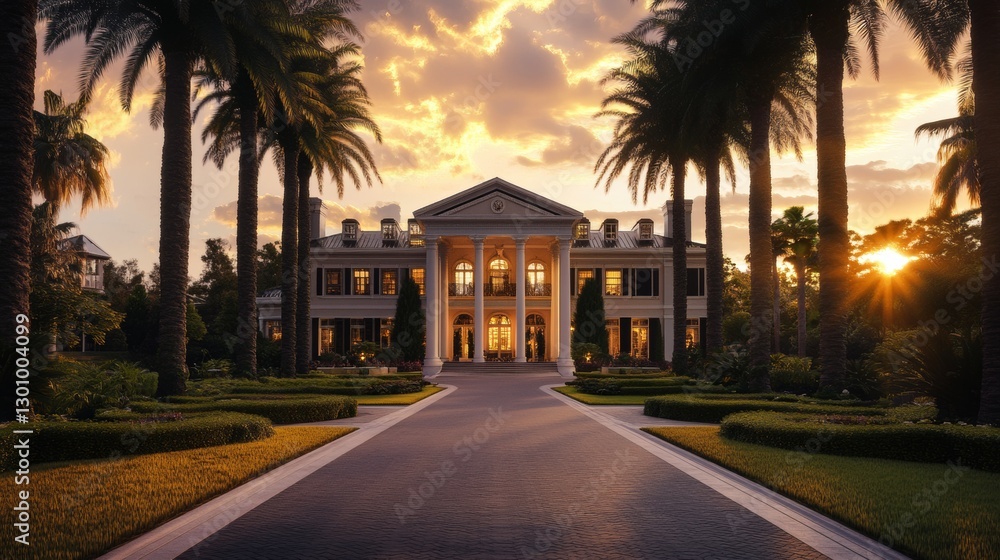 beautiful mansion with palm trees in a sunrise beautiful mansion with palm trees in a sunrise