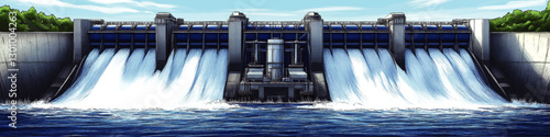 Stunning Vector Image of a Hydroelectric Dam with Cascading Waterfalls and Lush Greenery, Exemplifying Renewable Energy and Water Power Generation
