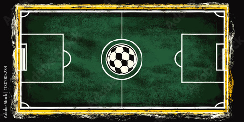Dynamic Grunge Vector Soccer Field Design Featuring Central Soccer Ball with Green and Yellow Chalk Lines - Perfect for Sports Art and Football Enthusiasts