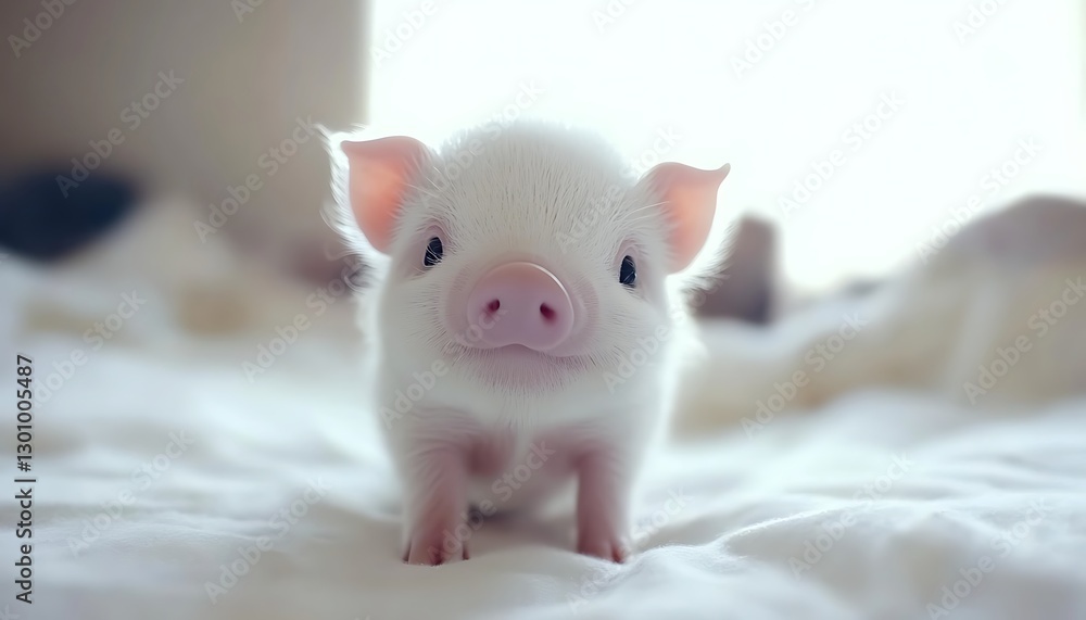 Cute piglet on soft bed with bright background Cute piglet on soft bed with bright background