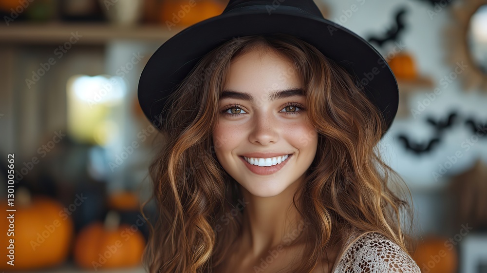 Portrait of a cheerful young woman in a witch hat smiling with bat decorations, symbolizing Halloween spirit. Portrait of a cheerful young woman in a witch hat smiling with bat decorations, symbolizing Halloween spirit.