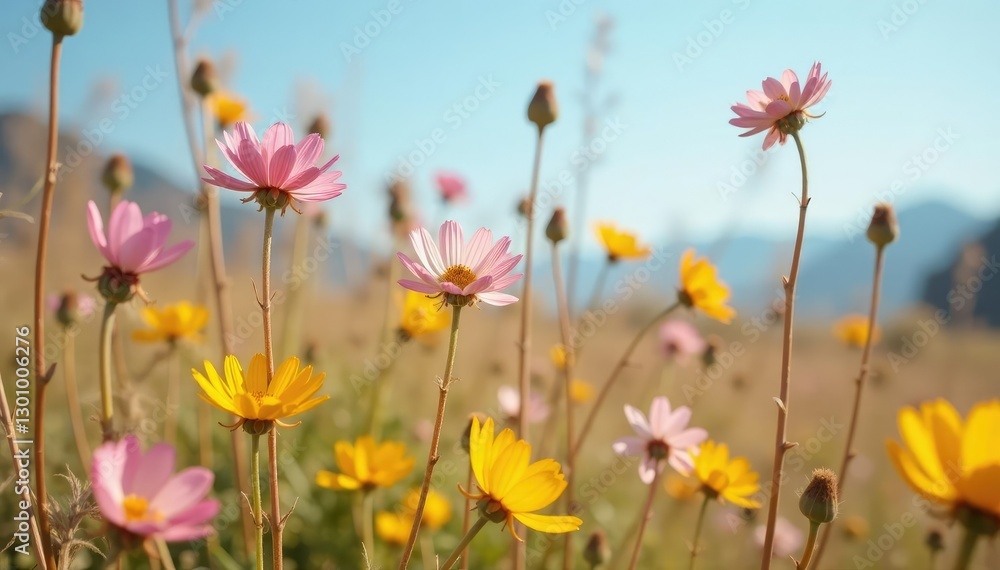 Obraz premium Desert wildflowers bloom among dry reed stalks, natural, withered, blooming