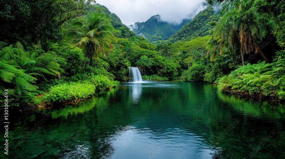Serene Tropical Waterfall Surrounded by Lush Greenery in Nature Serene Tropical Waterfall Surrounded by Lush Greenery in Nature