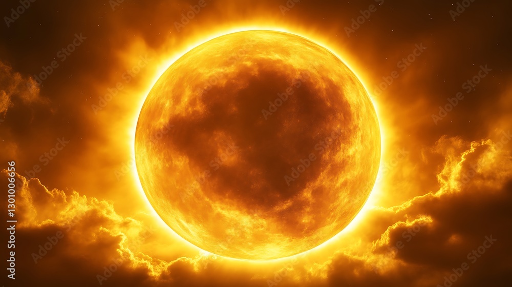 Fototapeta premium Fiery Celestial Orb Rising Through Golden Clouds
