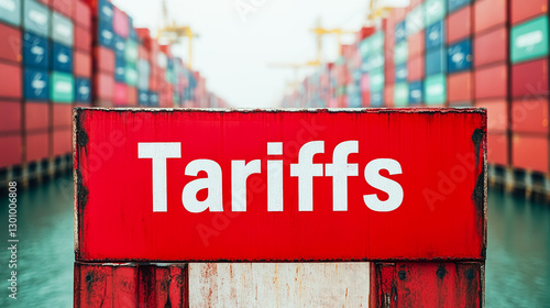 Tariffs with warning red sign in front of seaport with cargo containers on background