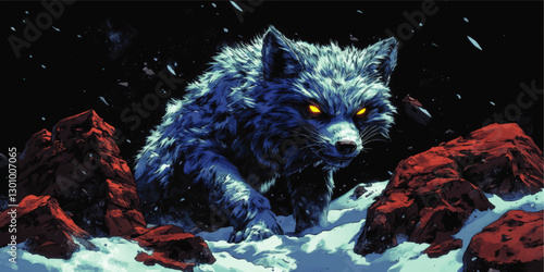 Majestic Arctic Wolf Vector Art - Fierce Glowing Eyes in Snowy Rock Landscape - Perfect for Wildlife Artwork, Fantasy Designs, and Digital Art Enthusiasts