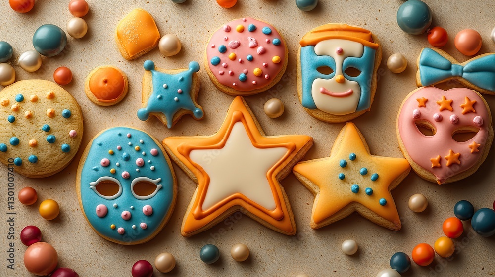 Obraz premium Purim party triangle cookies, Star of David, masks, bow tie, beads, blowers, and serpentine on beige.