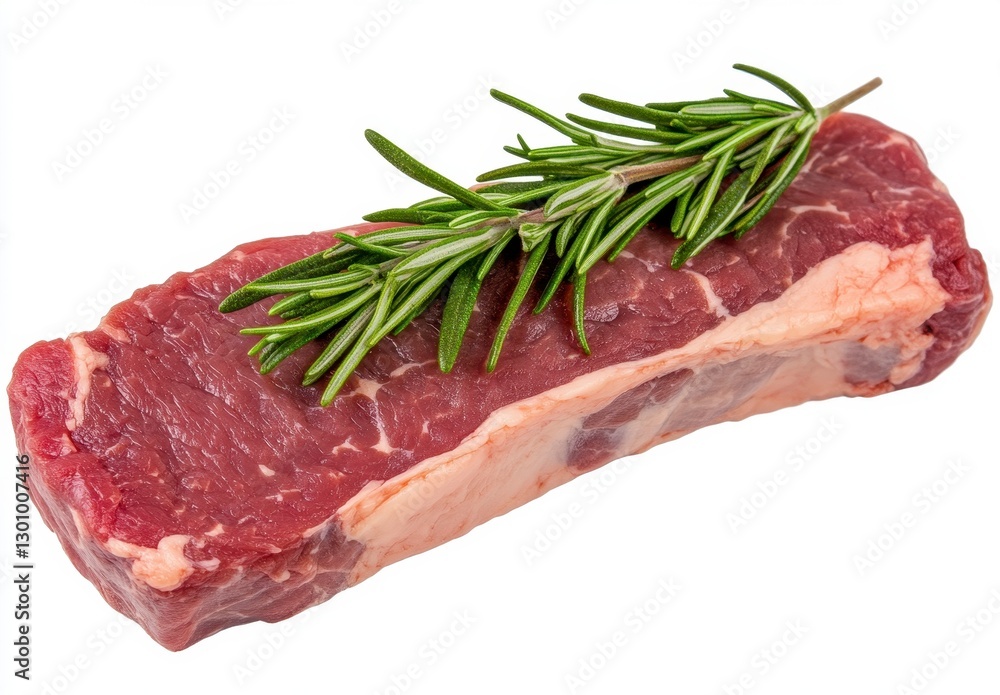 Raw Red Beef Steak with Rosemary Sprig on White Background Raw Red Beef Steak with Rosemary Sprig on White Background