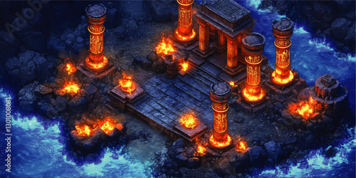 Ancient Stone Temple Ruins with Glowing Fire Pillars on Ocean Shoreline - Fantasy Adventure, Mystical Blue Waters, Vector Art for Game Design and Inspiration