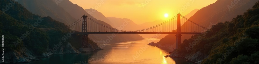 Golden sunset on suspension bridge over mountain river, bright, river Golden sunset on suspension bridge over mountain river, bright, river