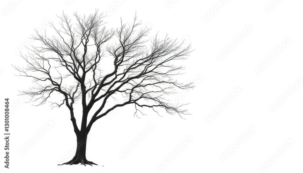 Fototapeta premium Lone deciduous tree, stark branches against pure white, white background, background