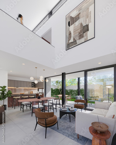 Sala a doble altura estilo moderno con vista al jardin, 3d render