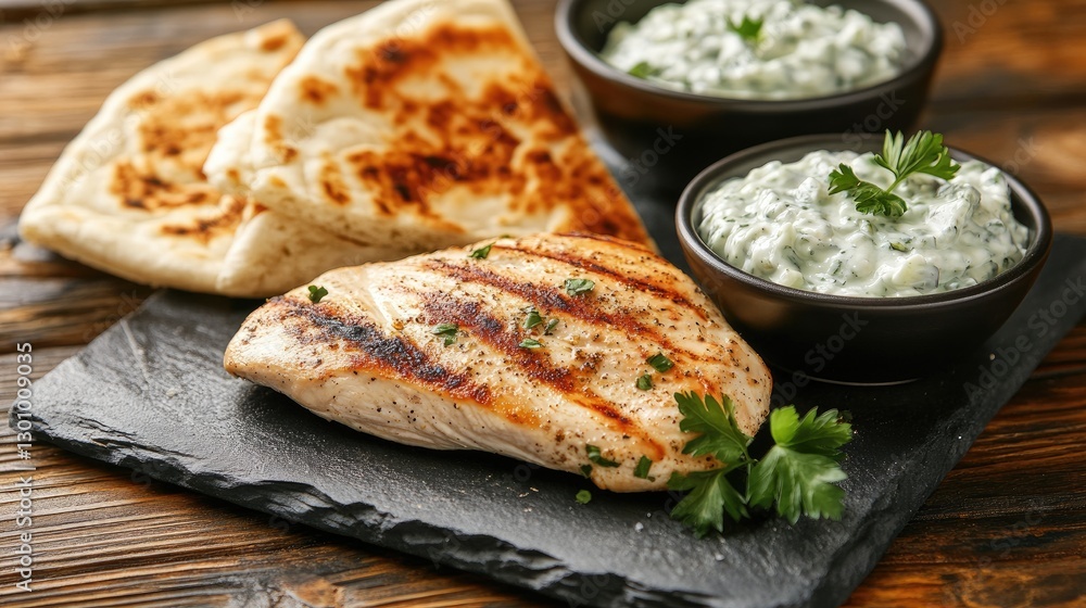 Seared chicken breast, pita bread and tzatziki served on black stony board on wooden table Seared chicken breast, pita bread and tzatziki served on black stony board on wooden table