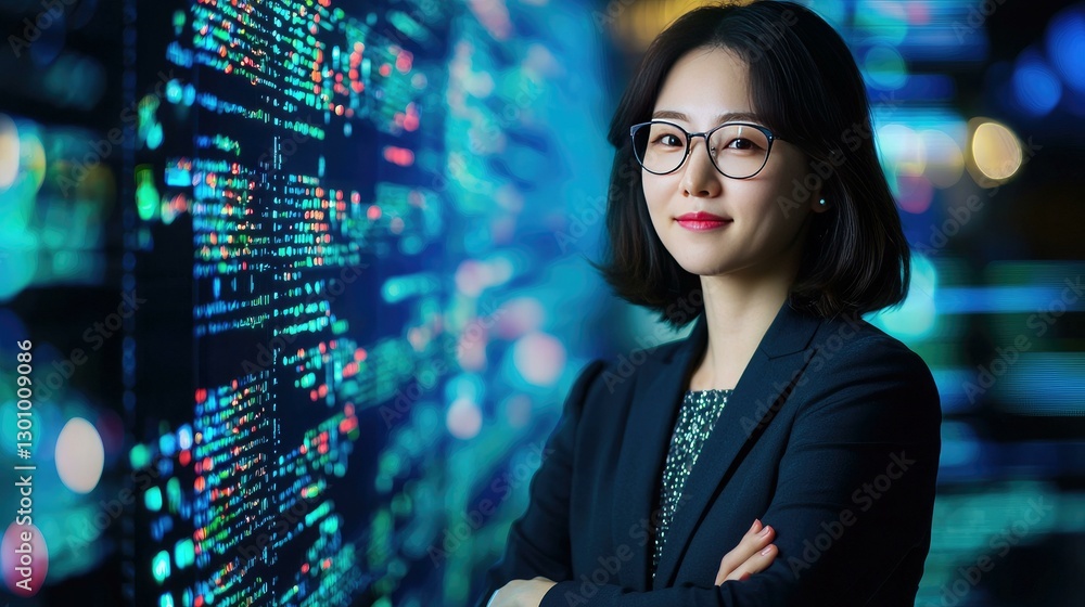 Confident businesswoman standing in front of a high-tech data visualization display, symbolizing innovation and expertise in the tech industry with a futuristic atmosphere and bright lighting.