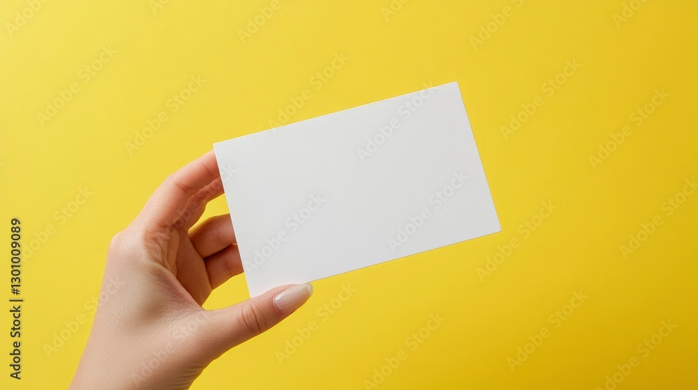 Hand holding a white blank notepad on a yellow background, close-up view. Mock-up for your design Hand holding a white blank notepad on a yellow background, close-up view. Mock-up for your design