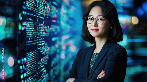 Obraz na płótnie Confident businesswoman standing in front of a high-tech data visualization display, symbolizing innovation and expertise in the tech industry with a futuristic atmosphere and bright lighting. w salonie