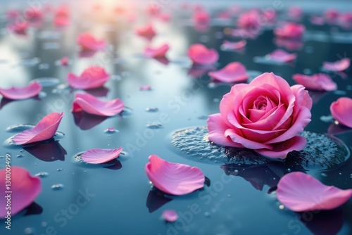 Pink rose petals are scattered around a frozen pond, peaceful, serene, ice