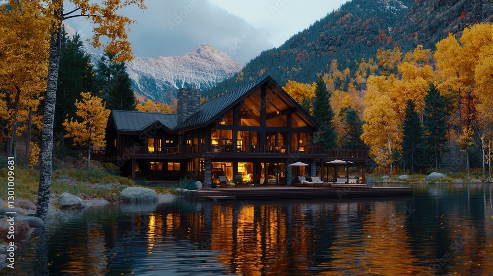 Fototapeta premium Cozy Mountain Cabin Nestled Among Autumn Foliage and Reflections