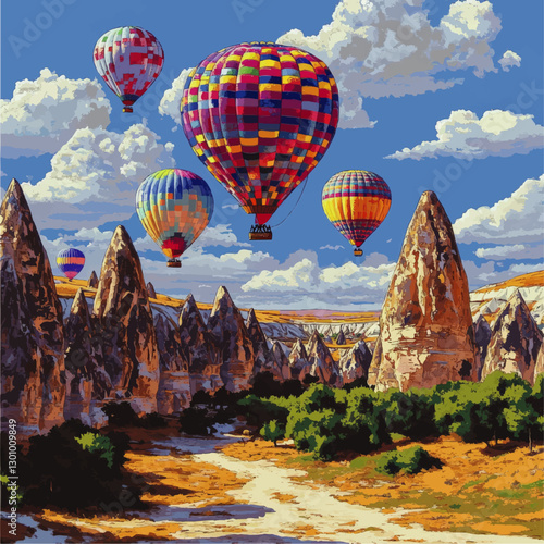 Breathtaking Vector Art of Colorful Hot Air Balloons Soaring Over Cappadocia's Iconic Fairy Chimneys Under a Clear Blue Sky with Majestic Clouds in Turkey
