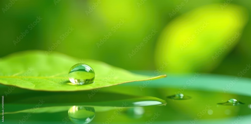 Single droplet of water suspended delicately from the top of a yellow-green leaf on liquid surface, yellow green, liquid, droplet Single droplet of water suspended delicately from the top of a yellow-green leaf on liquid surface, yellow green, liquid, droplet