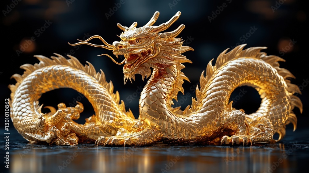 Fototapeta premium Golden Dragon Statue, Dark Background