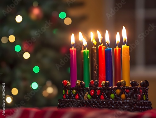 A brightly lit multi colored menorah sits with candles burning photo