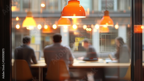 Business meeting in modern office with warm lighting and blurred figures, creating collaborative atmosphere. orange pendant lights enhance inviting environment photo