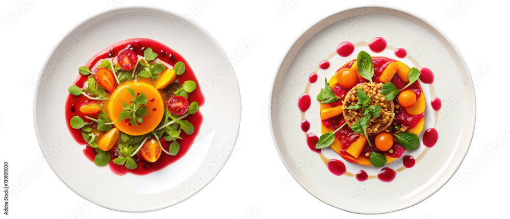 Two gourmet vegetable salads on white plates isolated with transparent background Two gourmet vegetable salads on white plates isolated with transparent background