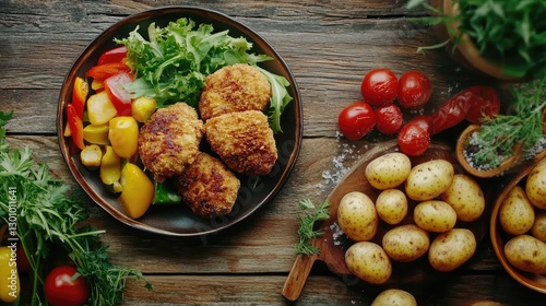 Crispy breaded fried chicken cutlet with fresh vegetables and boiled potatoes on wooden table