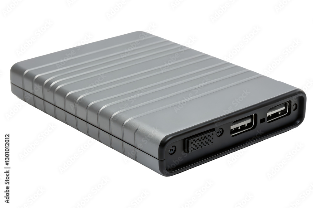 Silver external hard drive with ports isolated with transparent background Silver external hard drive with ports isolated with transparent background